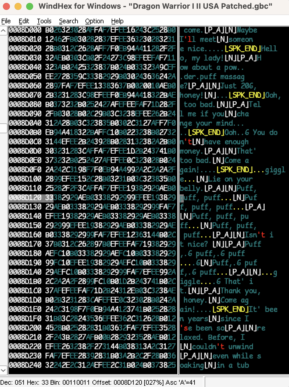 Screenshot of the WindHex hex editor, with hex text on the left and regular text on the right