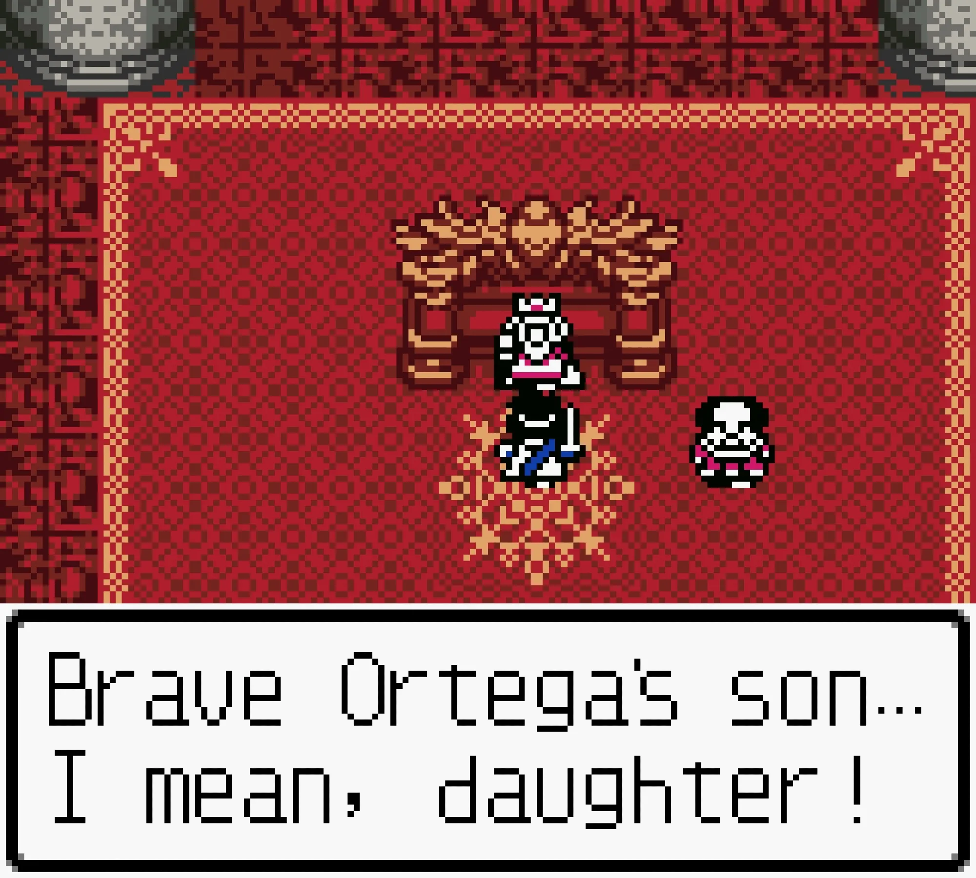 Screenshot of Dragon Quest III: The player is talking to the King. A textbox reads: "Brave Ortega's son... I mean daughter!"