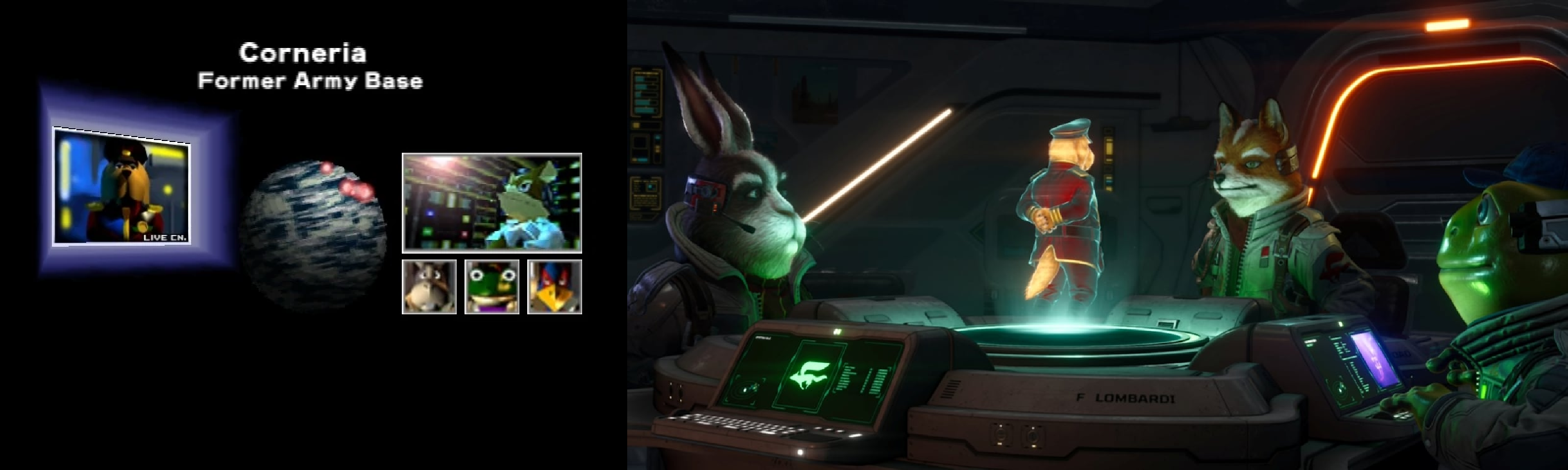 A comparison between Star Fox 64 (1997) and Star Fox (2026), showcasing one of the story cutscenes