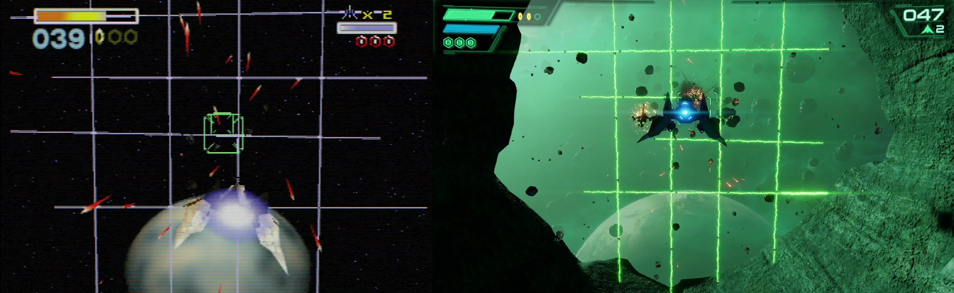 A comparison between Star Fox 64 (1997) and Star Fox (2026), showcasing the level Meteo