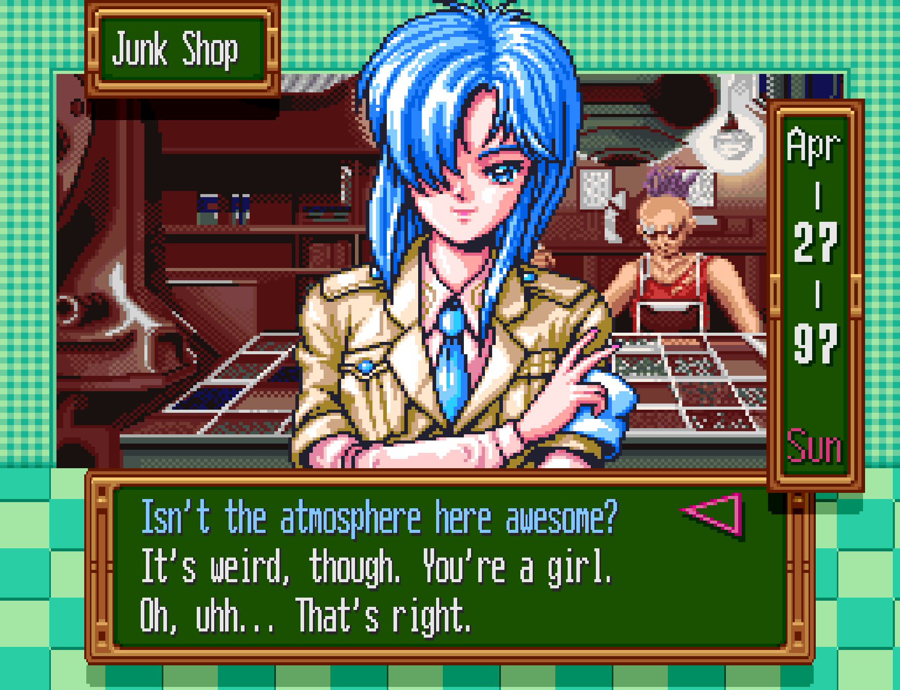 Screenshot of Tokimeki Memorial, the player is going on a date with Yuina Himoo, a blue haired anime woman, at the Junk Shop