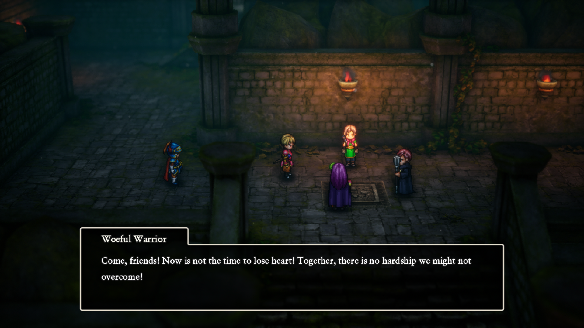 Screenshot of Dragon Quest I HD-2D remake: The hero stands in front of four NPCs in a party, the 'Woeful Warrior' says: "Come, friends! Now is not the time to lose heart! Together, there is no hardship we might not overcome!"
